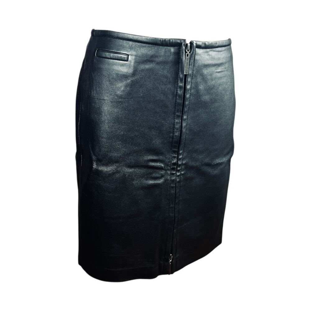 Express Genuine Leather Zip Front Mini Skirt Black 90s Y2K Office Siren Size 3/4 - Picture 2 of 8